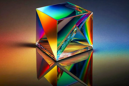 Glass prism cube with colorful sunlight reflection on the gradient background, podium for demonstrating commercials, Generative AIの素材