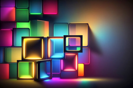 Bright iridescent construction made of cubes with a space to place goods for advertisement, Generative AIの素材