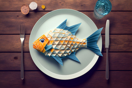 Fish in origami technique served on a blue plate. Blue pastel background. Sea food concept, top view, Generative AIの素材