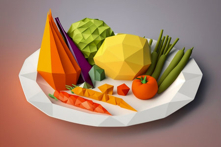 White plate with vegetables made of paper in origami technique, Generative AIの素材