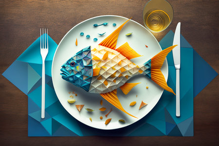 Fish in origami technique served on a blue plate. Blue pastel background. Seafood concept, top view, Generative AIの素材