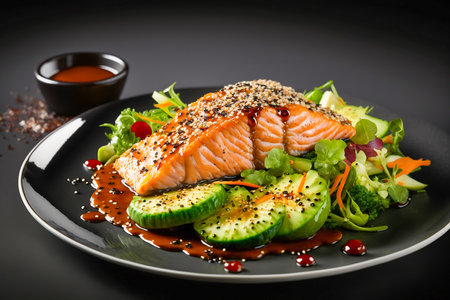 Portion of salmon served with avocado and salad, Generative AIの素材