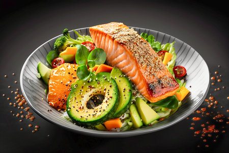 Portion of salmon served with avocado, Generative AIの素材