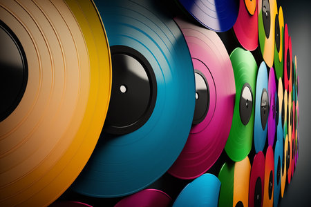 Wall of different bright colors vinyl records, bright background, Generative AIの素材