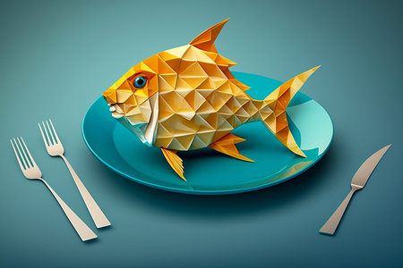 Fish in origami technique served on a blue plate on a blue table. Seafood concept, Generative AIの素材
