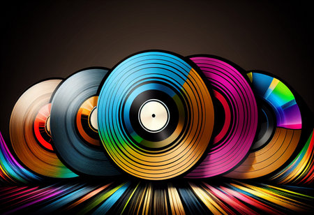 Set of different bright colors vinyl records, bright background, Generative AIの素材