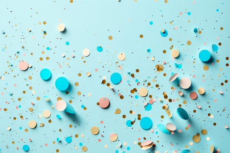 Turquoise, yellow and brown paper confetti on light blue pastel background, Generative AIの素材