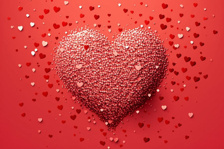 Big red heart made of small heart shape confetti, red background, Generative AIの素材