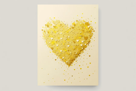 Picture of a heart created of small yallow paper heart shape confetti on the pastel light yellow background, Generative AIの素材