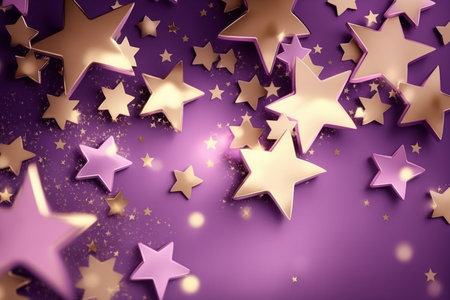 Golden different sizes star shape confetti on the violet background, festive background, greeting card, Generative AIの素材