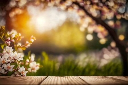 Wooden table in a garden, cherry-tree branches, Generative AIの素材