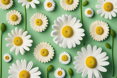 Floral chamomile pattern on a light green background. Bright colors, top view, Generative AIの素材