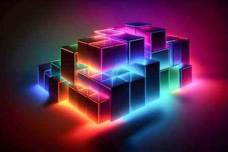 Bright iridescent construction made of cubes with a space to place commercials for advertisement, Generative AIの素材