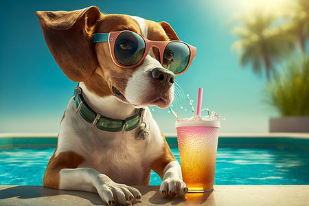 Funny dog relaxing near a swimming pool with a cocktail, Generative AIの素材