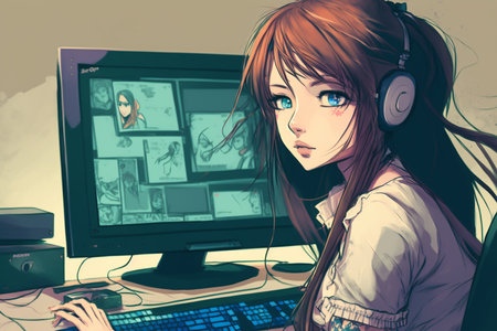 Anime designer girl working with computer, Generative AIの素材