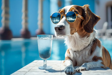 Funny dog relaxing near a swimming pool, Generative AIの素材
