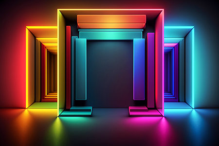 Bright iridescent construction with a space to place goods for advertising, Generative AIの素材
