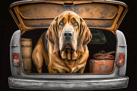 Cute surprised dog sitting in car trunk with luggage for trip, Generative AIの素材