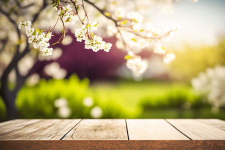 Wooden table in a garden, blooming tree branches, Generative AIの素材