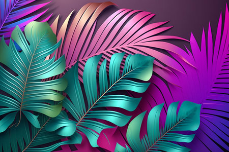Palm leaves with neon effect, Generative AIの素材