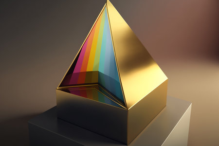 Golden metal prism pyramid with colorful sunlight reflection on the golden podium for demonstrating commercials, Generative AIの素材