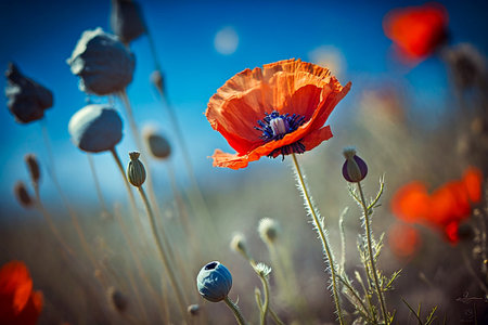 Wild poppy flower closeup growing on a poppy field, Generative AIの素材