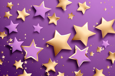 Golden different sizes star shape confetti on the purple background, festive background, Generative AIの素材
