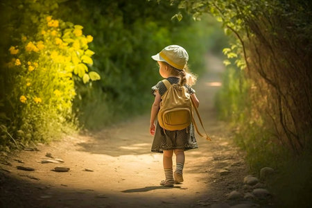 Little child walking in a green summer park, Generative AIの素材