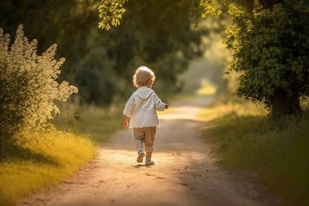 Little kid walking in a green summer park, Generative AIの素材