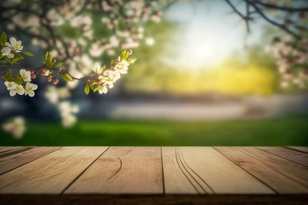 Wooden table in a garden, green tree branches, Generative AIの素材