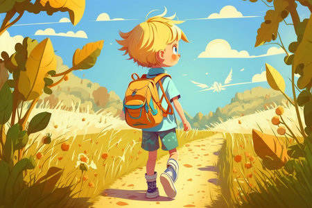 Little child walking outdoors in summer, holidays, cartoon style, Generative AIの素材