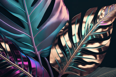 Palm leaves in neon metallic colors, Generative AIの素材