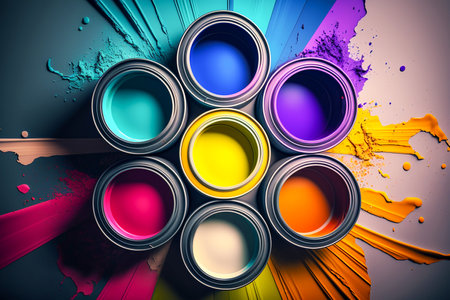 Cans of paint of different colors, flat lay, Generative AIの素材