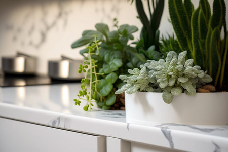 growing plants on the white kitchen table, Generative AIの素材