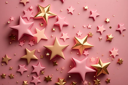 Golden and light pink star shape confetti on the pink background, Generative AIの素材