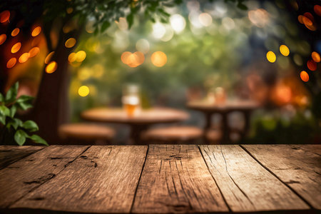 Wooden table in a garden with bokeh lights, Generative AIの素材