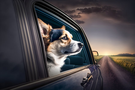 Dog breathes air through a car window in the evening, Generative AIの素材