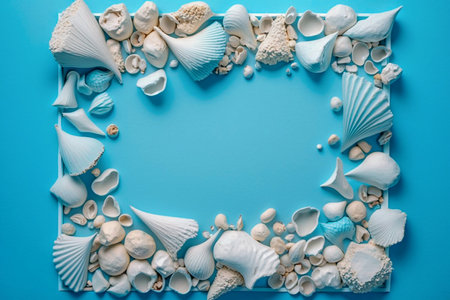 Frame of seashells on the light blue background, copy space, Generative AIの素材
