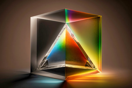 Hexagon prism figure with a triangle inside. Colorful sunlight reflection on the gradient background, podium for demonstrating commercials, Generative AIの素材