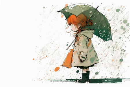 Small red head girl under the big umbrella in the rain, cartoon style, copy space, Generative AIの素材