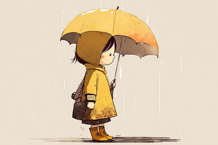 Small girl under the big umbrella in the rain, cartoon style, Generative AIの素材