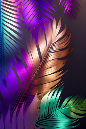 Palm leaves in neon colors, metallic effect, Generative AIの素材