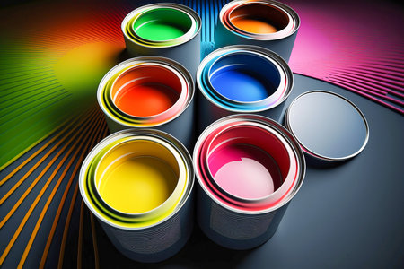 Cans of paint of different colors, side view, Generative AIの素材