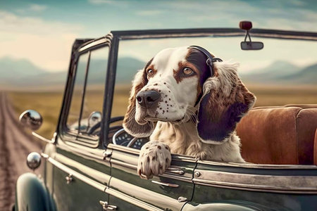 Cute little dog traveling in a convertible, Generative AIの素材