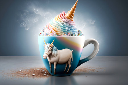 Cute hot chocolate cup with a unicorn picture, Generative AIの素材