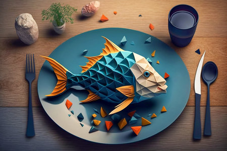 Paper origami fish on a plate, flatlay, Generative AIの素材