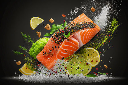 Salmon slice levitating with lemons, salad and laminaria, Generative AIの素材