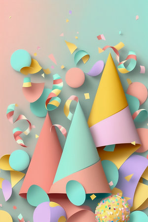 Pastel color birthday caps on a pastel background, vertical, Generative AIの素材