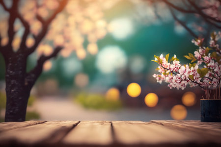 Wooden table in a garden with bokeh lights, Generative AIの素材