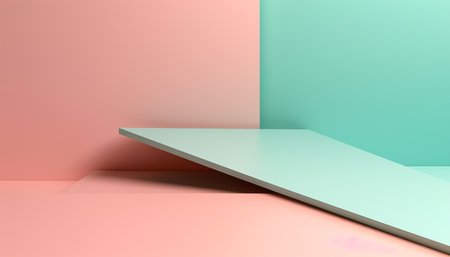 Art coral pink and green background with a plank for advertising, Generative AIの素材